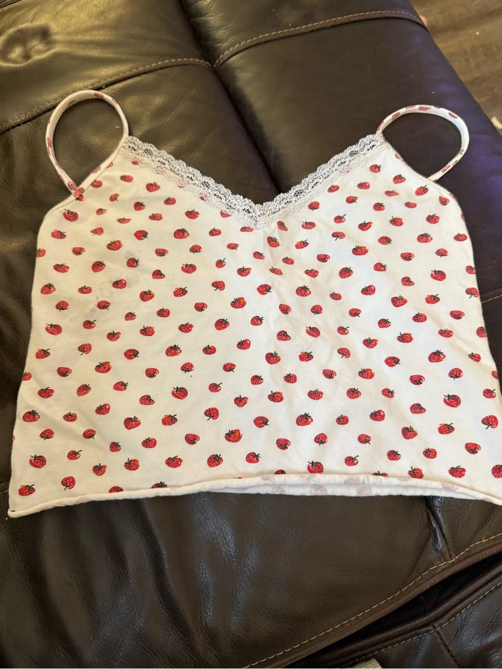 Brandy Melville White Strawberry Print Lace-Trim Cami